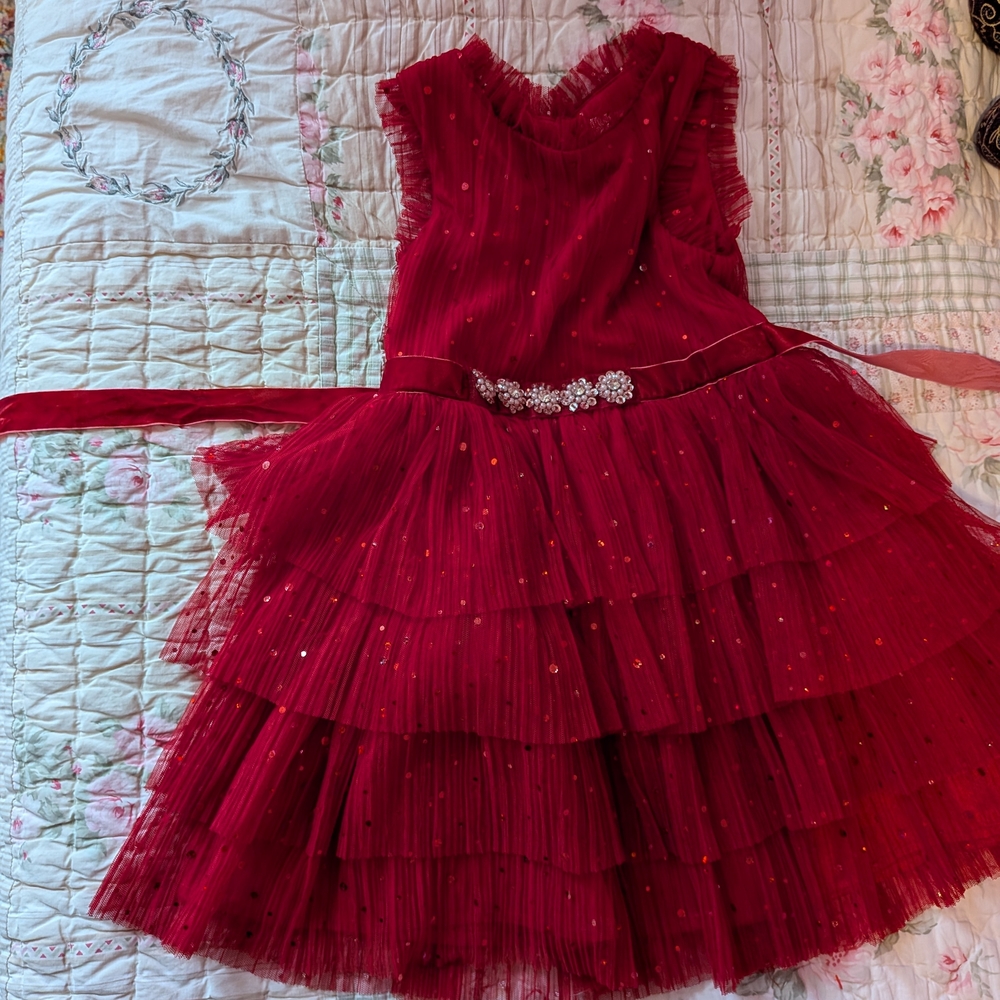 Girls' Red Layered Tulle  Dress with Crystal Belt